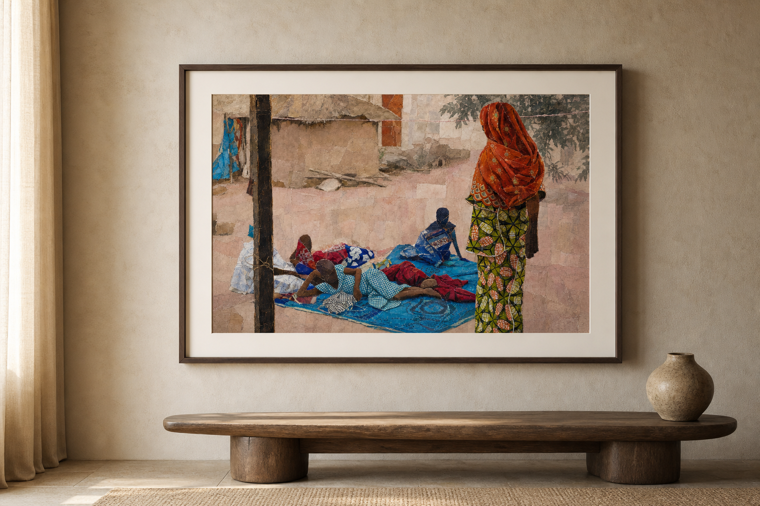 Courtyard Gathering textured collage presented in a dark wood gallery frame