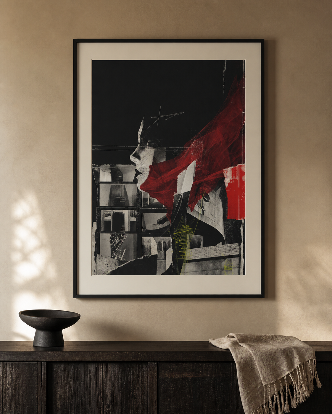 Future Kin hand-drawn collage presented in a black gallery frame