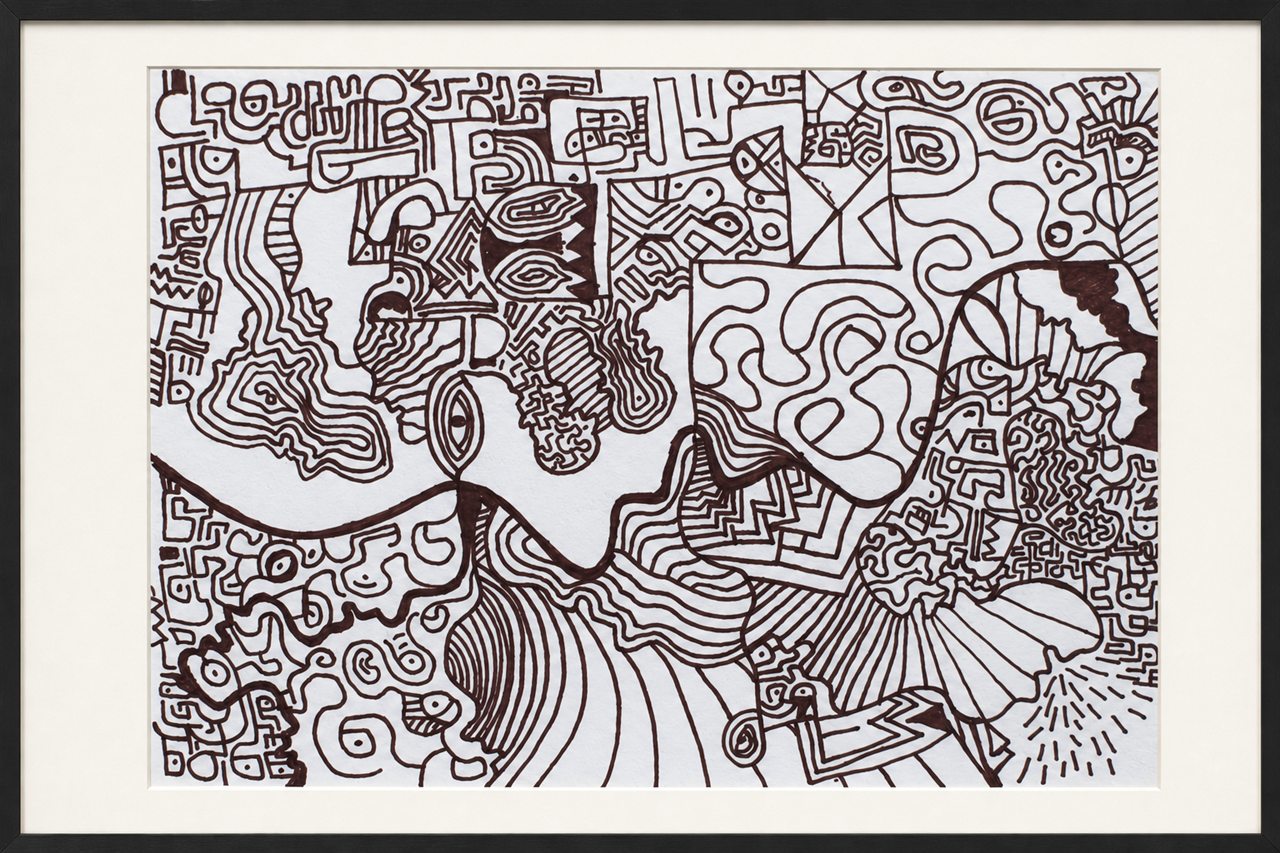 Untitled hand-drawn artwork 005 presented in a black gallery frame