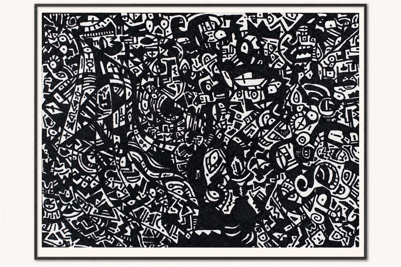 Untitled hand-drawn artwork 009 presented in a black gallery frame