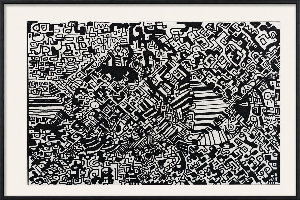 Untitled hand-drawn artwork 012 presented in a black gallery frame