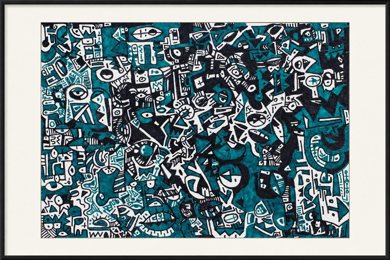 Untitled hand-drawn artwork 014 presented in a black gallery frame