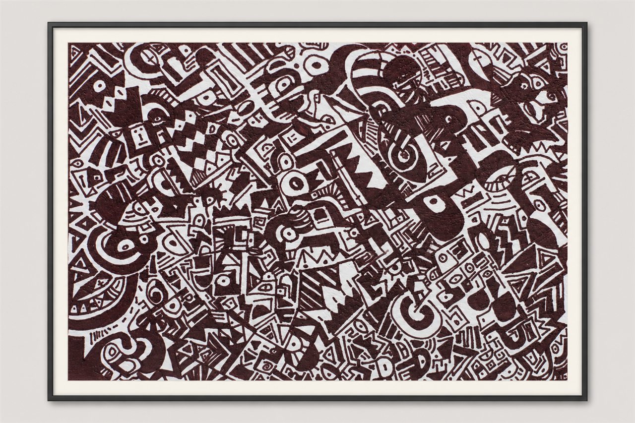Untitled hand-drawn artwork 015 presented in a black gallery frame