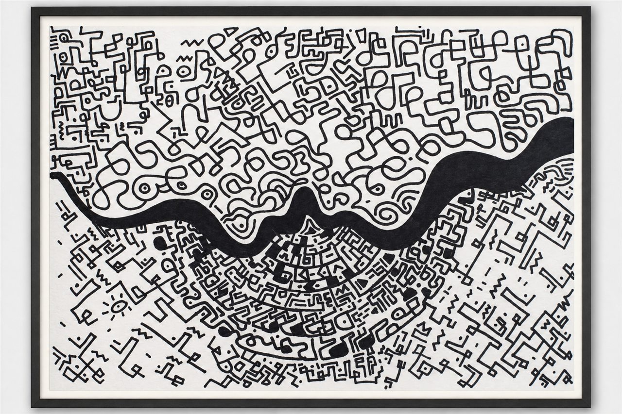 Untitled hand-drawn artwork 017 presented in a black gallery frame