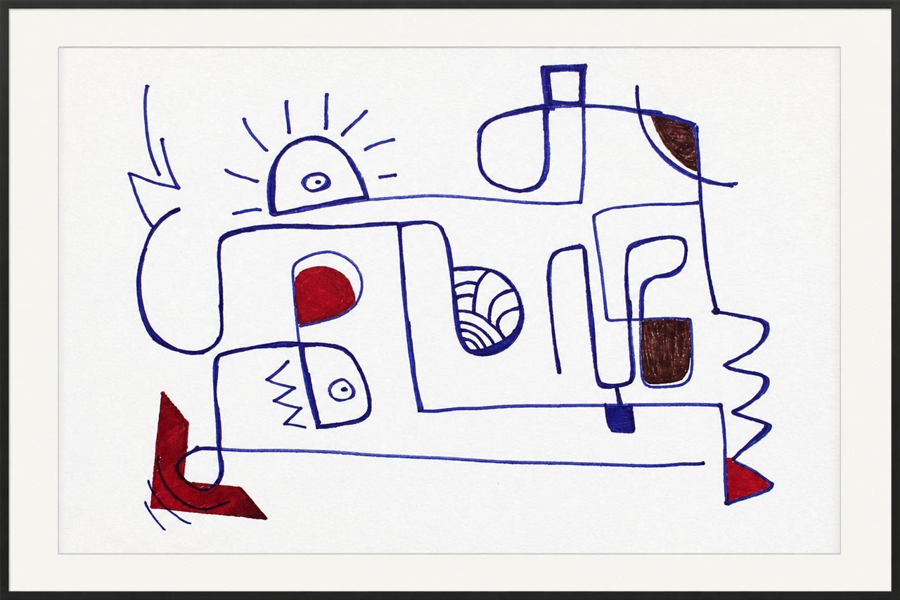 Untitled hand-drawn artwork 020 presented in a black gallery frame