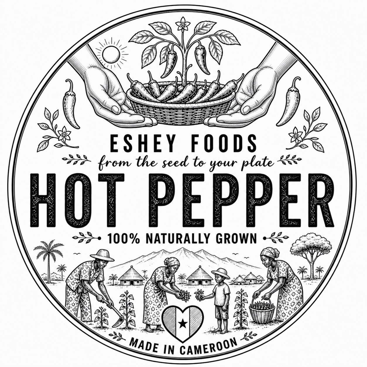 Monochrome Eshey Foods Hot Pepper line-art label