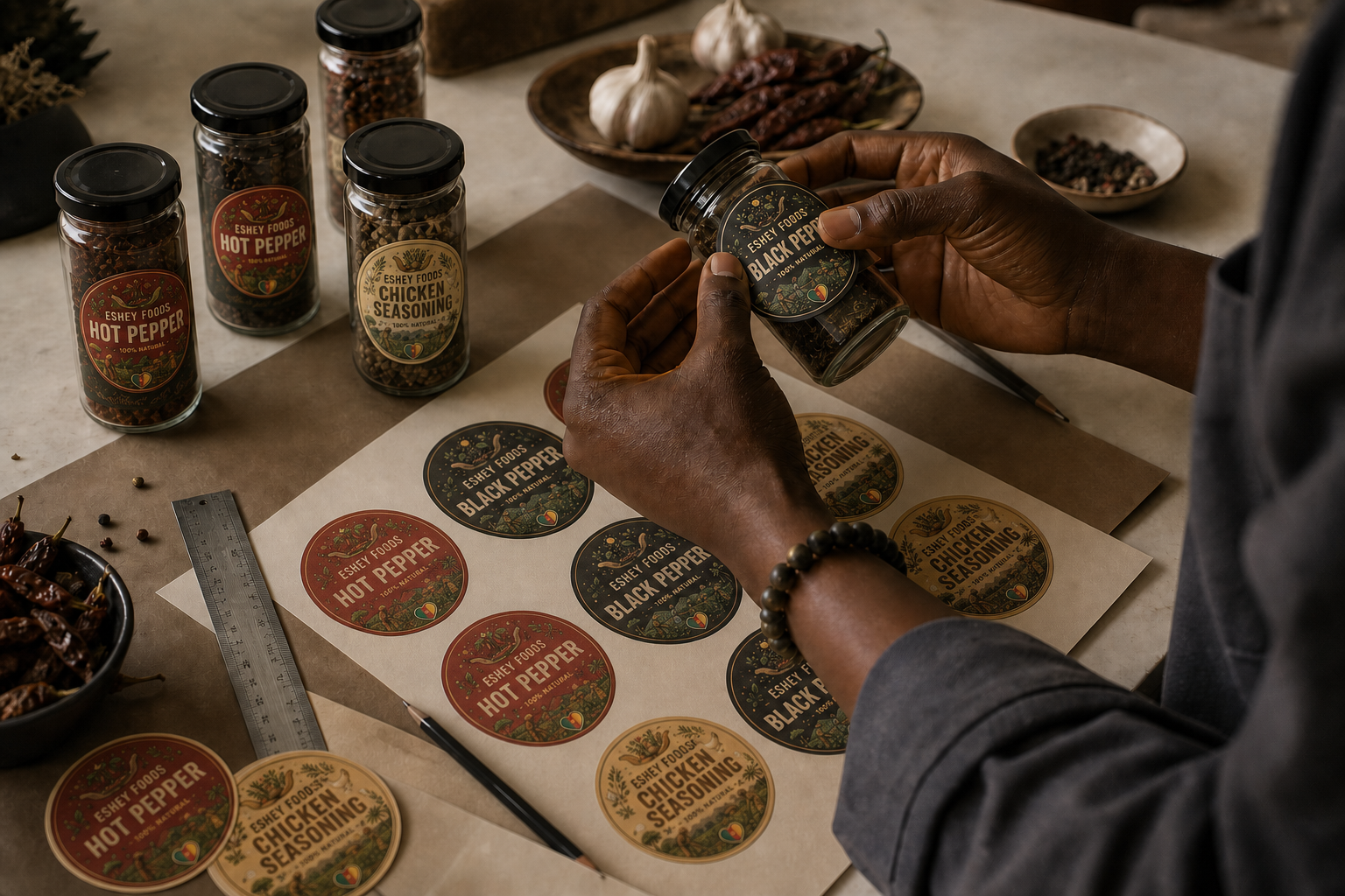 A maker reviewing and applying the round Eshey Foods spice labels at a working studio table