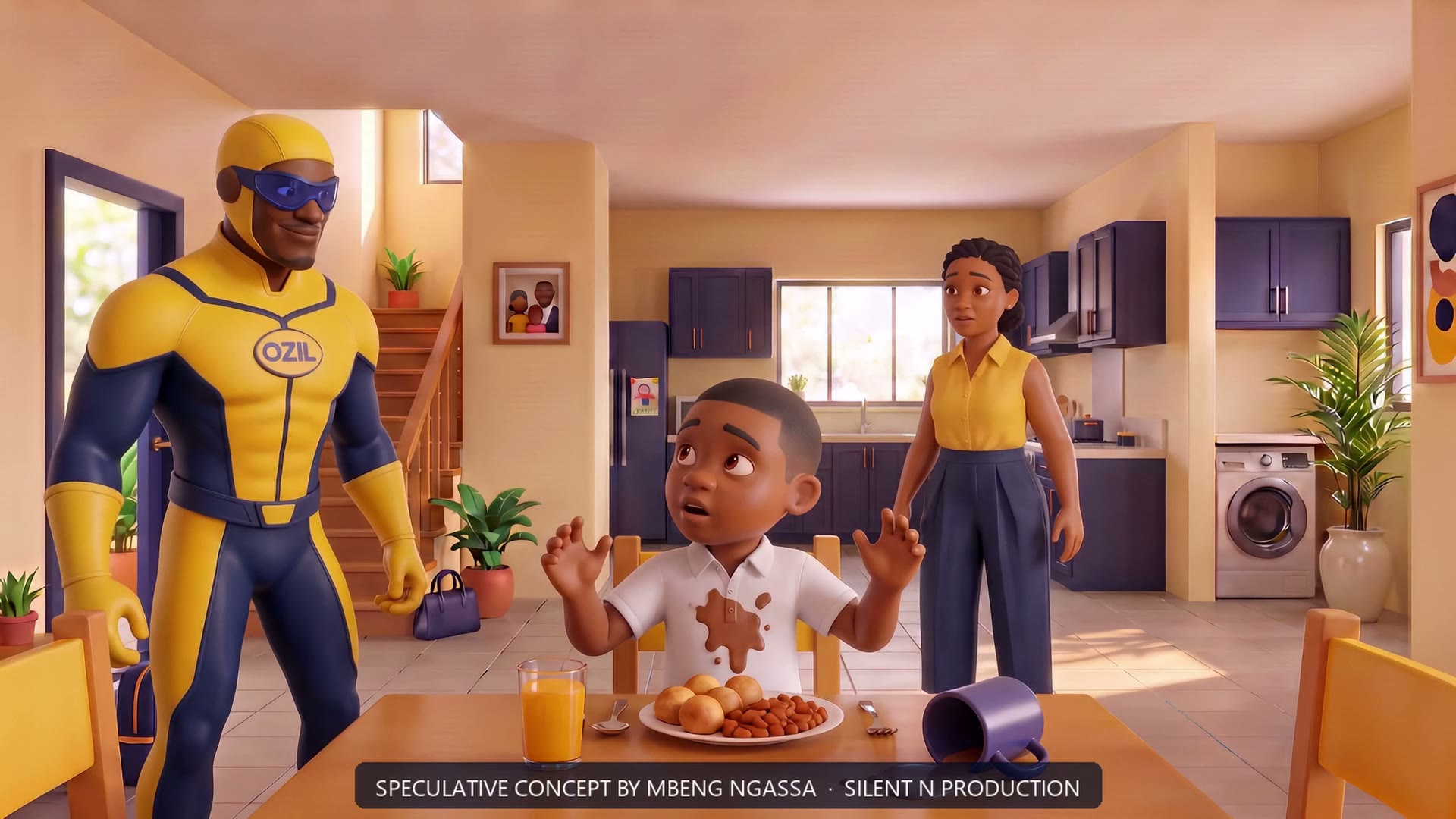 Ozil superhero in a contemporary Cameroonian family home