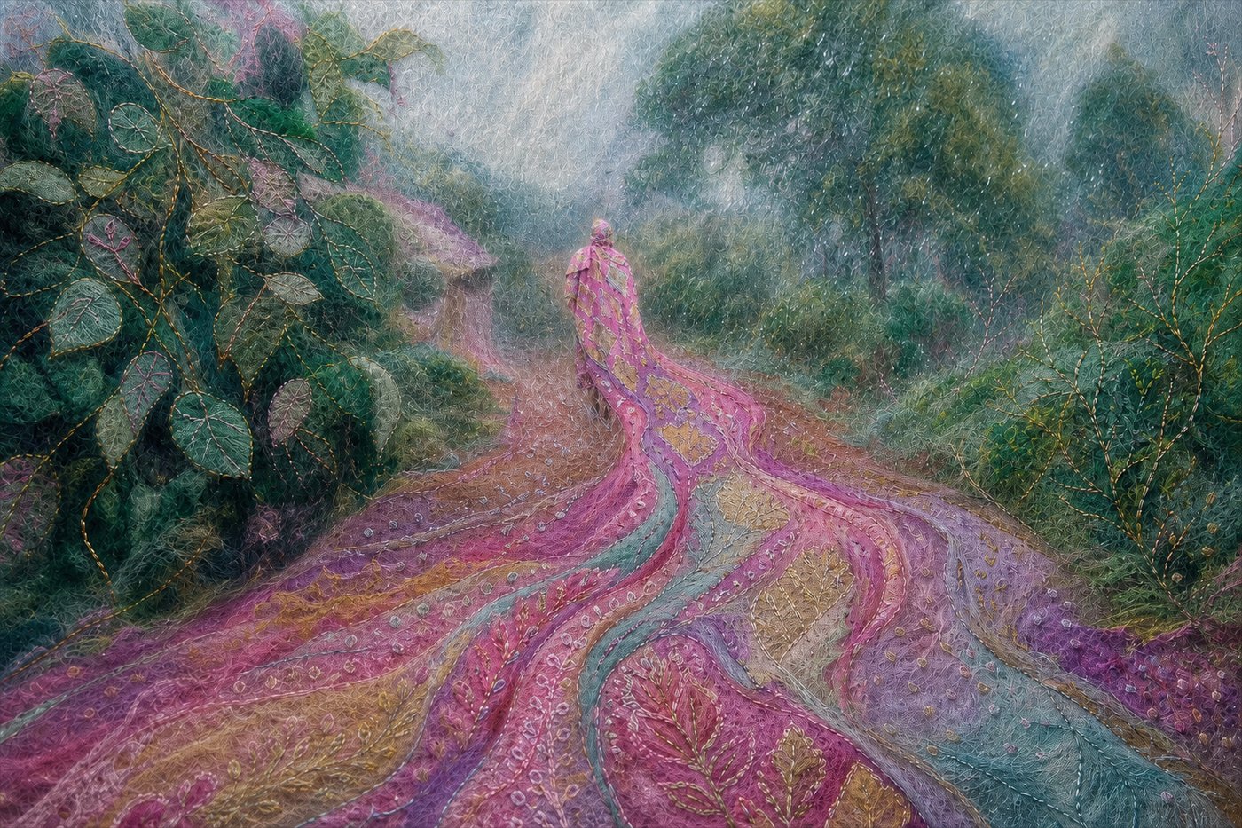 Soulful Tapestry 03, a richly embroidered landscape with a pink-clad figure walking through a forest
