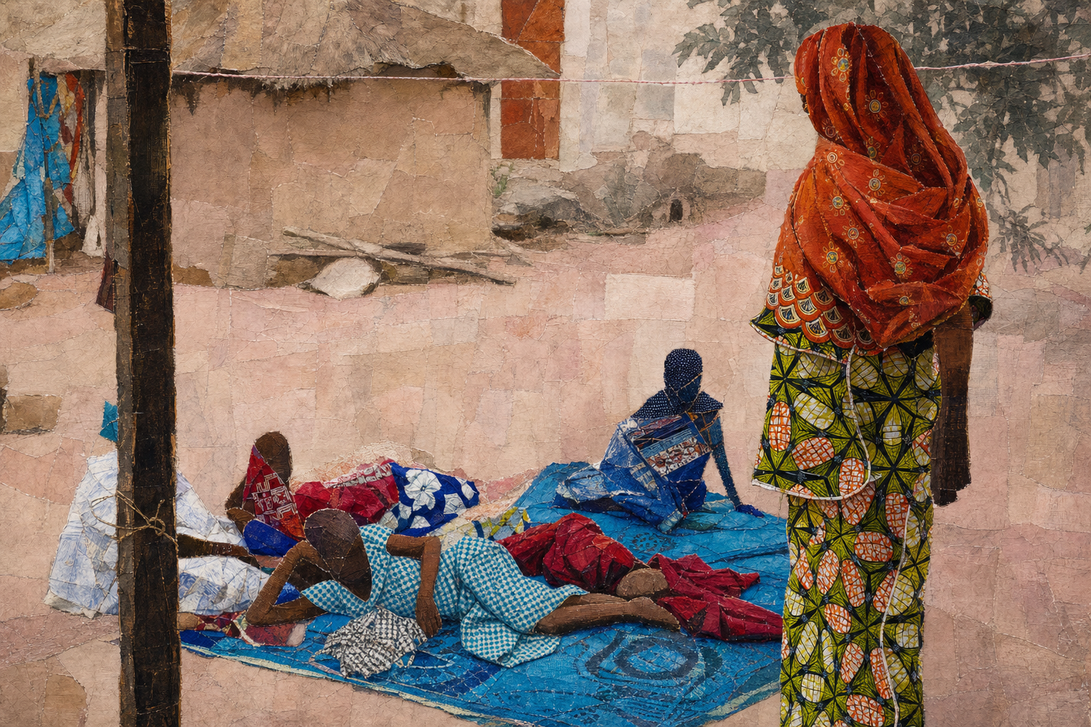 Figures gathered in a textured courtyard collage